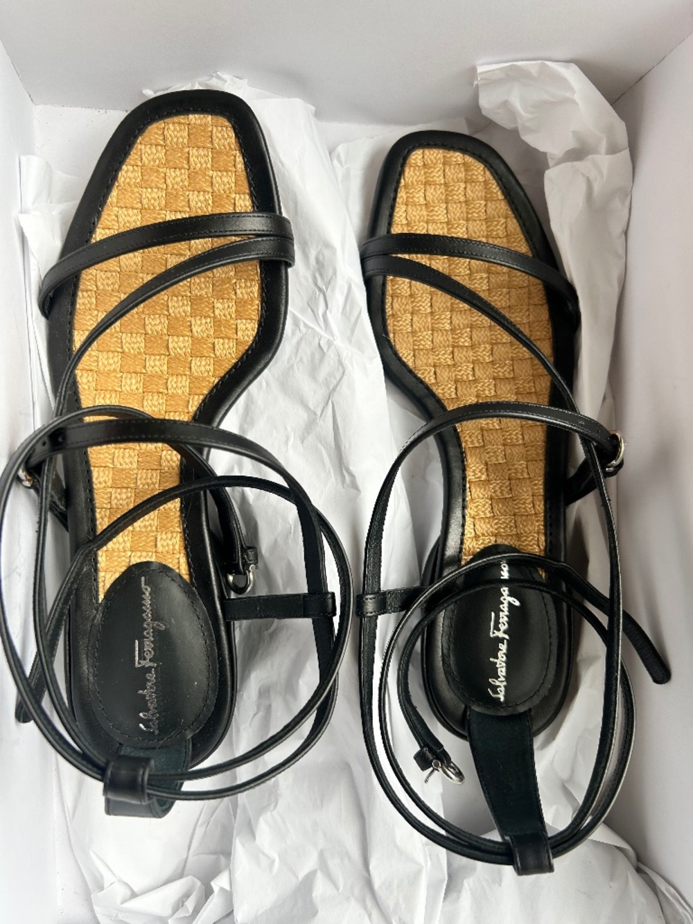 NEW Salvatore Ferragamo Women size 4 1/2 Leather StrappySandals Black Block Heel